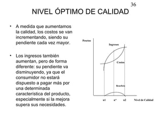 36
          NIVEL ÓPTIMO DE CALIDAD
• A medida que aumentamos
  la calidad, los costos se van
  incrementando, siendo su
                                  Pesetas
  pendiente cada vez mayor.                      Ingresos



• Los ingresos también
  aumentan, pero de forma                                Costos
  diferente: su pendiente va
  disminuyendo, ya que el
  consumidor no estará
  dispuesto a pagar más por                           Beneficio
  una determinada
  característica del producto,
  especialmente si la mejora                n1      n*        n2    Nivel de Calidad
  supera sus necesidades.
 