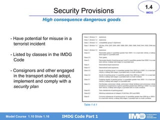 IMDG Code Part 1
Model Course 1.10 Slide 1.16
Security Provisions
1.4
- Have potential for misuse in a
terrorist incident
- Listed by classes in the IMDG
Code
- Consignors and other engaged
in the transport should adopt,
implement and comply with a
security plan
High consequence dangerous goods
IMDG
Table 1.4.1
 