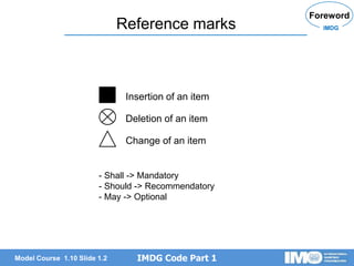 IMDG Code Part 1
Model Course 1.10 Slide 1.2
Reference marks
Foreword
Insertion of an item
Deletion of an item
Change of an item
IMDG
- Shall -> Mandatory
- Should -> Recommendatory
- May -> Optional
 
