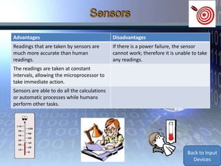 Advantages                                    Disadvantages
Readings that are taken by sensors are        If there is a power failure, the sensor
much more accurate than human                 cannot work; therefore it is unable to take
readings.                                     any readings.
The readings are taken at constant
intervals, allowing the microprocessor to
take immediate action.
Sensors are able to do all the calculations
or automatic processes while humans
perform other tasks.




                                                                                Back to Input
                                                                                  Devices
 