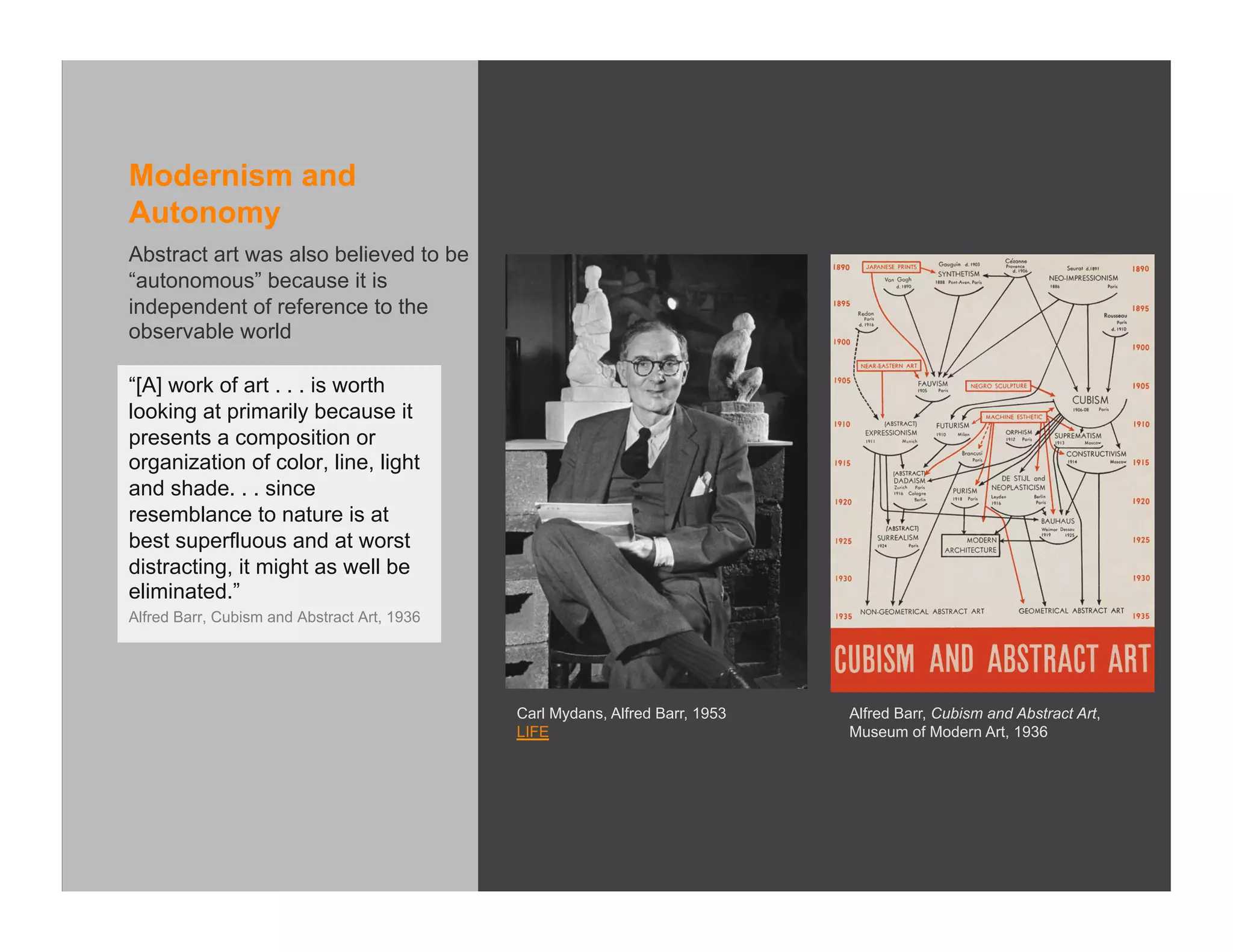 Modernism and
Autonomy
Abstract art was also believed to be
“autonomous” because it is
independent of reference to the
observable world

“[A] work of art . . . is worth
looking at primarily because it
presents a composition or
organization of color, line, light
and shade. . . since
resemblance to nature is at
best superfluous and at worst
distracting, it might as well be
eliminated.”
Alfred Barr, Cubism and Abstract Art, 1936




                                             Carl Mydans, Alfred Barr, 1953   Alfred Barr, Cubism and Abstract Art,
                                             LIFE                             Museum of Modern Art, 1936
 