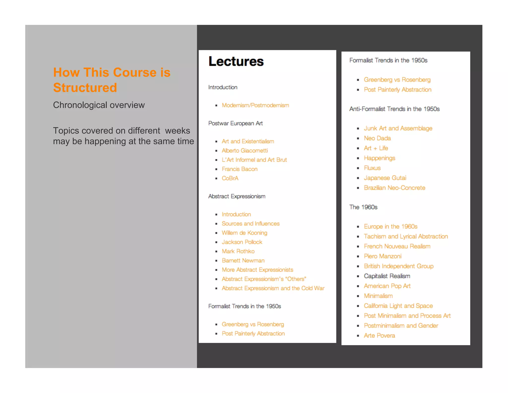 How This Course is
Structured
Chronological overview

Topics covered on different weeks
may be happening at the same time
 
