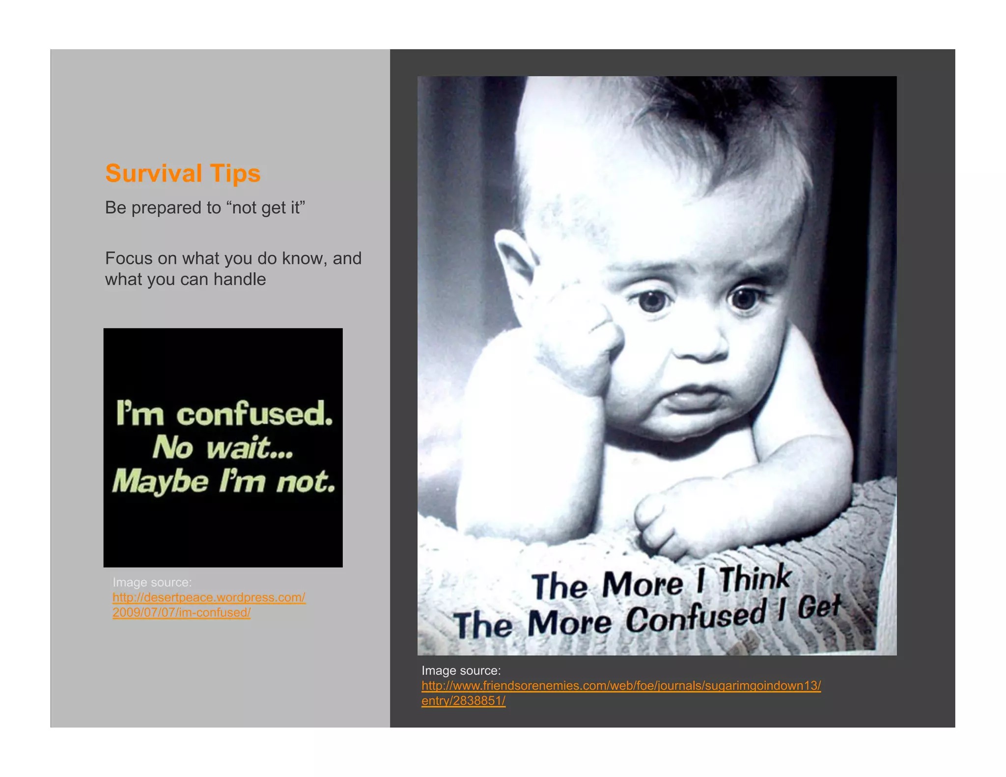 Survival Tips
Be prepared to “not get it”

Focus on what you do know, and
what you can handle




 Image source:
 http://desertpeace.wordpress.com/
 2009/07/07/im-confused/



                                     Image source:
                                     http://www.friendsorenemies.com/web/foe/journals/sugarimgoindown13/
                                     entry/2838851/
 