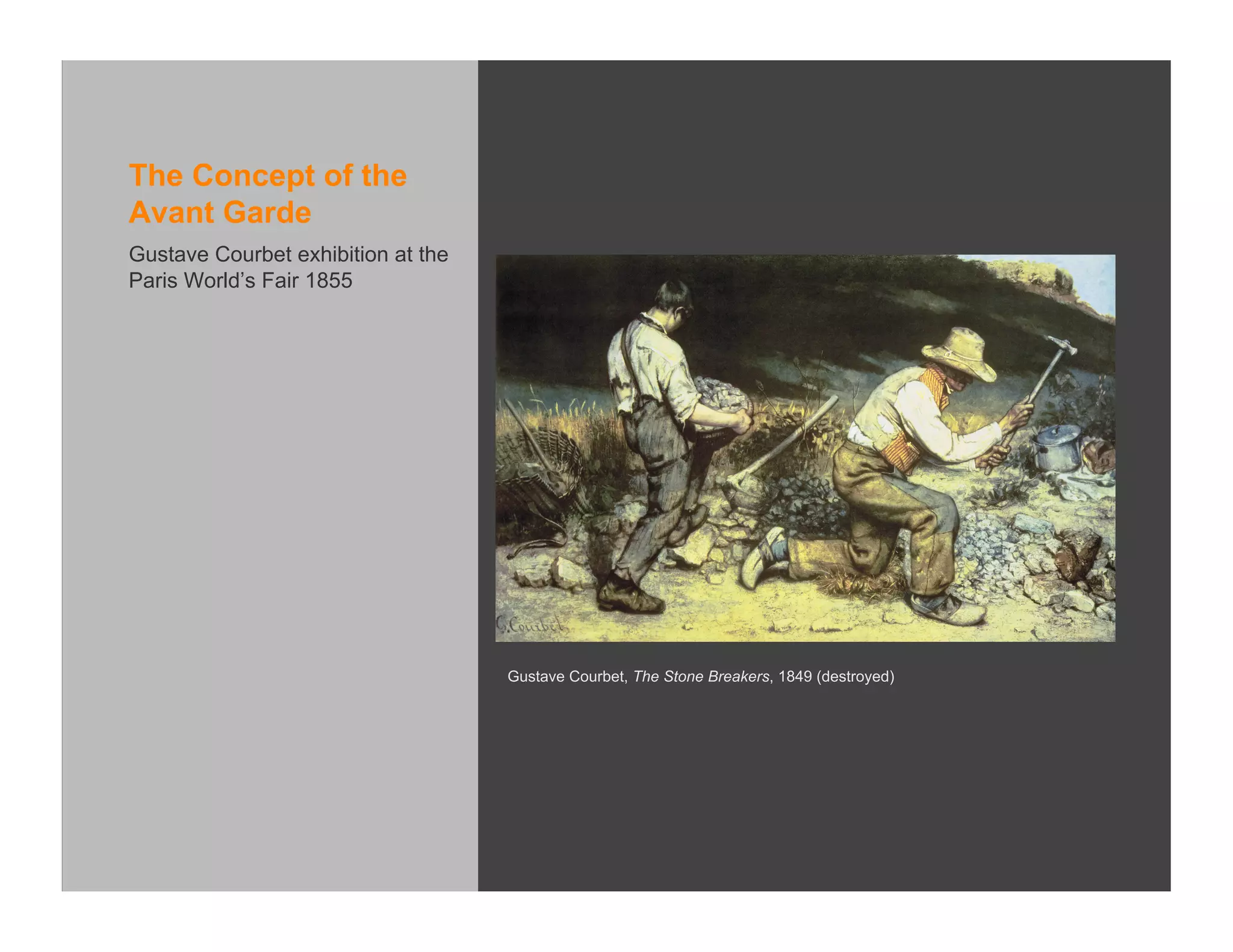 The Concept of the
Avant Garde
Gustave Courbet exhibition at the
Paris World’s Fair 1855




                                    Gustave Courbet, The Stone Breakers, 1849 (destroyed)
 