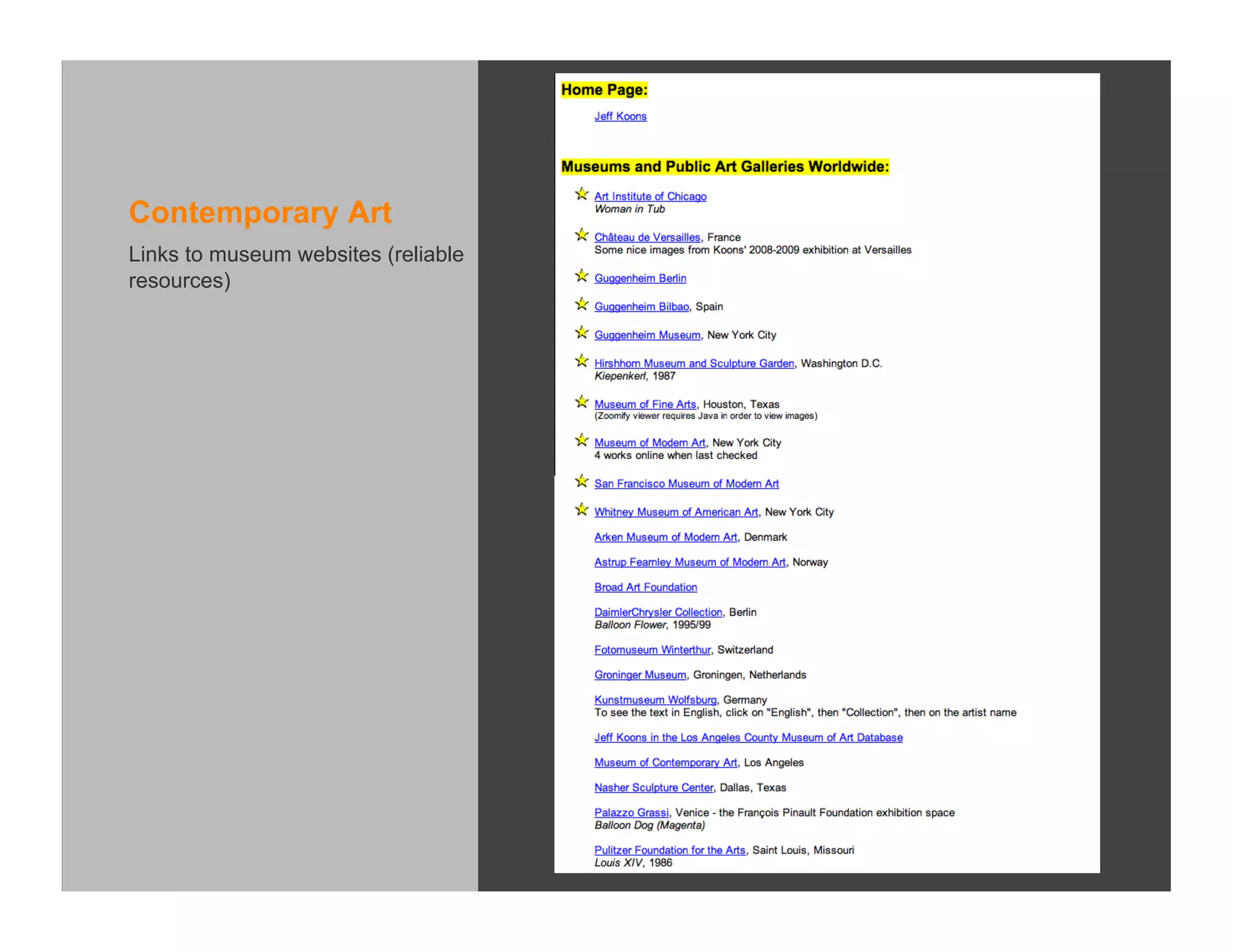 Contemporary Art
Links to museum websites (reliable
resources)
 