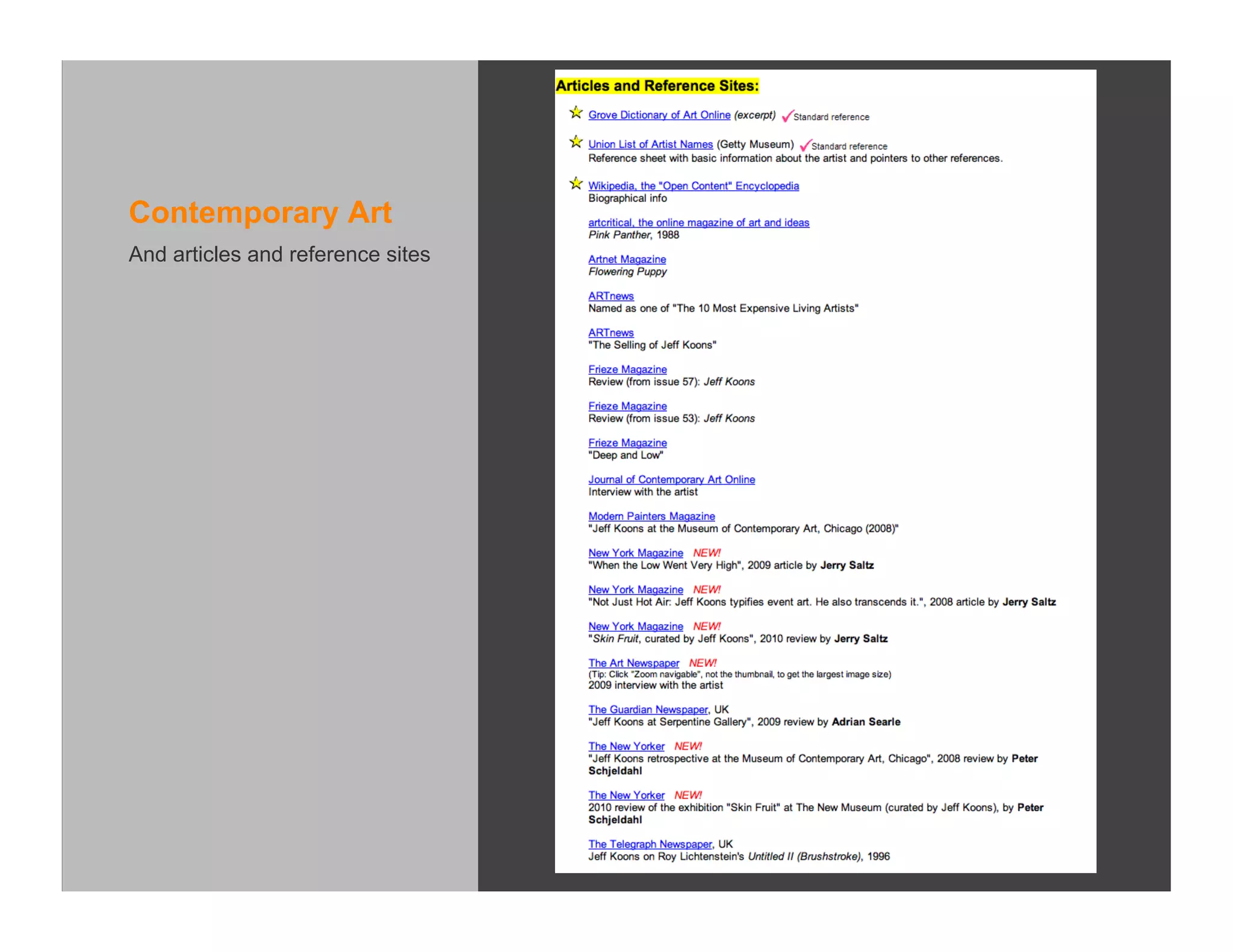Contemporary Art
And articles and reference sites
 