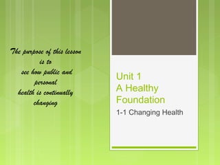 The purpose of this lesson
          is to
   see how public and
        personal
                             Unit 1
  health is continually      A Healthy
        changing             Foundation
                             1-1 Changing Health
 