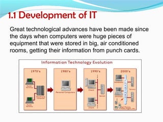 1.1 Development of IT
Great technological advances have been made since
the days when computers were huge pieces of
equipment that were stored in big, air conditioned
rooms, getting their information from punch cards.
 