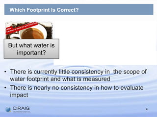 WhichFootprint Is Correct?But what water is important?There is currently little consistency in  the scope of water footprint and what is measured