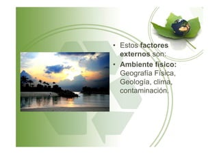 • Estos factores
externos son:
• Ambiente físico:
Geografía Física,Geografía Física,
Geología, clima,
contaminación.
 