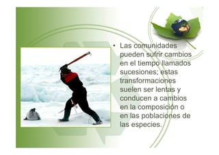 • Las comunidades
pueden sufrir cambios
en el tiempo llamados
sucesiones; estas
transformacionestransformaciones
suelen ser lentas y
conducen a cambios
en la composición o
en las poblaciones de
las especies.
 