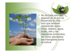 • No se trata sólo del
espacio en el que se
desarrolla la vida,
sino que también
comprende serescomprende seres
vivos, objetos, agua,
suelo, aire y las
relaciones entre ellos,
así como elementos
tan intangibles como
la cultura.
 