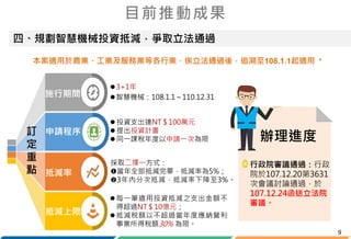 9
四、規劃智慧機械投資抵減，爭取立法通過
目前推動成果
辦理進度
行政院審議通過：行政
院於107.12.20第3631
次會議討論通過，於
107.12.24函送立法院
審議。
申請程序
抵減上限
施行期間
抵減率
訂
定
重
點
3+1年
智慧機械：108.1.1～110.12.31
 投資支出達NT＄100萬元
 提出投資計畫
 同一課稅年度以申請一次為限
採取二擇一方式：
當年全部抵減完畢，抵減率為5%；
3年內分次抵減，抵減率下降至3%。
每一筆適用投資抵減之支出金額不
得超過NT＄10億元；
抵減稅額以不超過當年度應納營利
事業所得稅額30% 為限。
本案適用於農業、工業及服務業等各行業，俟立法通過後，追溯至108.1.1起適用。
 