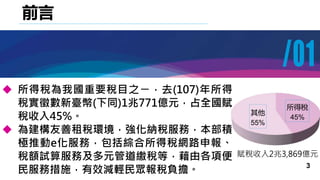 前言
 所得稅為我國重要稅目之ㄧ，去(107)年所得
稅實徵數新臺幣(下同)1兆771億元，占全國賦
稅收入45%。
 為建構友善租稅環境，強化納稅服務，本部積
極推動e化服務，包括綜合所得稅網路申報、
稅額試算服務及多元管道繳稅等，藉由各...