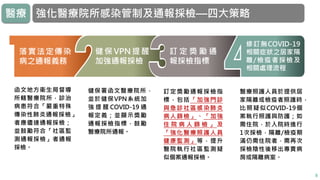 強化醫療院所感染管制及通報採檢—四大策略
函文地方衛生局督導
所轄醫療院所，診治
病患符合「嚴重特殊
傳染性肺炎通報採檢」
者應儘速通報採檢；
並鼓勵符合「社區監
測通報採檢」者通報
採檢。
健 保 VPN 提 醒
加強通報採檢
健保署函文醫療院所，
並於健保VPN系統加
強 提 醒 COVID-19 通
報定義；並顯示獎勵
通報採檢指標，鼓勵
醫療院所通報。
訂 定 獎 勵 通
報採檢指標
訂定獎勵通報採檢指
標，包括「加強門診
與急診社區感染肺炎
病人篩檢」、「加強
住 院 病 人 篩 檢 」 及
「強化醫療照護人員
健康監測」等，提升
醫院執行社區監測疑
似個案通報採檢。
修訂無COVID-19
相關症狀之居家隔
離/檢疫者採檢及
相關處理流程
醫療照護人員於提供居
家隔離或檢疫者照護時，
比照疑似COVID-19個
案執行照護與防護；如
需住院，於入院時進行
1次採檢，隔離/檢疫期
滿仍需住院者，需再次
採檢陰性後移出專責病
房或隔離病室。
落實法定傳染
病之通報義務
8
醫療
 