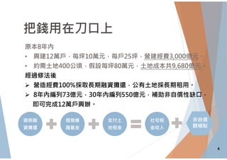 把錢用在刀口上
原本8年內
• 興建12萬戶，每坪10萬元，每戶25坪，營建經費3,000億元。
• 約需土地400公頃，假設每坪80萬元，土地成本共9,680億元。
經過修法後
 營造經費100%採取⾧期融資攤還，公有土地採⾧期租用。
 8年內編列73億元，30年內編列550億元，補助非自償性缺口，
即可完成12萬戶興辦。
建築融
資攤還
提撥維
護基金
支付土
地租金
社宅租
金收入
非自償
額補貼
4
 