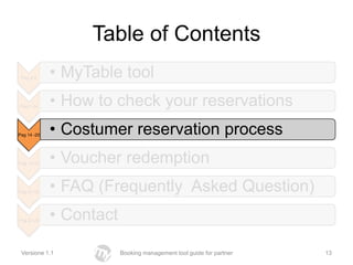 Table of Contents
 Pag 2-6     • MyTable tool
Pag 7-14     • How to check your reservations
Pag 14 -20   • Costumer reservation process
Pag 15-20    • Voucher redemption
Pag 21-22    • FAQ (Frequently Asked Question)
Pag 27-28    • Contact

 Versione 1.1            Booking management tool guide for partner   13
 
