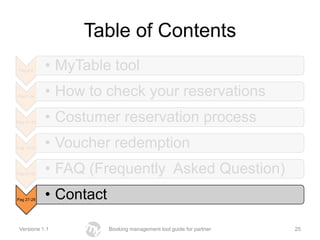 Table of Contents
 Pag 2-6     • MyTable tool
Pag 7-14     • How to check your reservations
Pag 14 -20   • Costumer reservation process
Pag 15-20    • Voucher redemption
Pag 21-22    • FAQ (Frequently Asked Question)
Pag 27-28    • Contact

 Versione 1.1            Booking management tool guide for partner   25
 