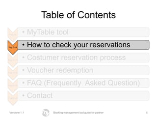 Table of Contents
 Pag 2-6     • MyTable tool
Pag 7-14     • How to check your reservations
Pag 14 -20   • Costumer reservation process
Pag 15-20    • Voucher redemption
Pag 21-22    • FAQ (Frequently Asked Question)
Pag 27-28    • Contact

 Versione 1.1            Booking management tool guide for partner   5
 