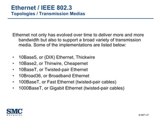 Ethernet / IEEE 802.3 Topologies / Transmission Medias Ethernet not only has evolved over time to deliver more and more bandwidth but also to support a broad variety of transmission media. Some of the implementations are listed below:  10Base5, or (DIX) Ethernet, Thickwire 10Base2, or Thinwire, Cheapernet 10BaseT, or Twisted-pair Ethernet 10Broad36, or Broadband Ethernet 100BaseT, or Fast Ethernet (twisted-pair cables) 1000BaseT, or Gigabit Ethernet (twisted-pair cables) 