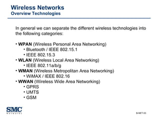Wireless Networks Overview Technologies In general we can separate the different wireless technologies into the following categories: WPAN  (Wireless Personal Area Networking) Bluetooth / IEEE 802.15.1 IEEE 802.15.3 WLAN  (Wireless Local Area Networking) IEEE 802.11a/b/g WMAN  (Wireless Metropolitan Area Networking) WiMAX / IEEE 802.16 WWAN  (Wireless Wide Area Networking) GPRS UMTS GSM 