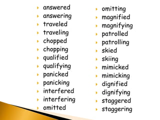    answered         omitting
   answering        magnified
   traveled         magnifying
   traveling        patrolled
   chopped          patrolling
   chopping         skied
   qualified        skiing
   qualifying       mimicked
   panicked         mimicking
   panicking        dignified
   interfered       dignifying
   interfering      staggered
   omitted          staggering
 