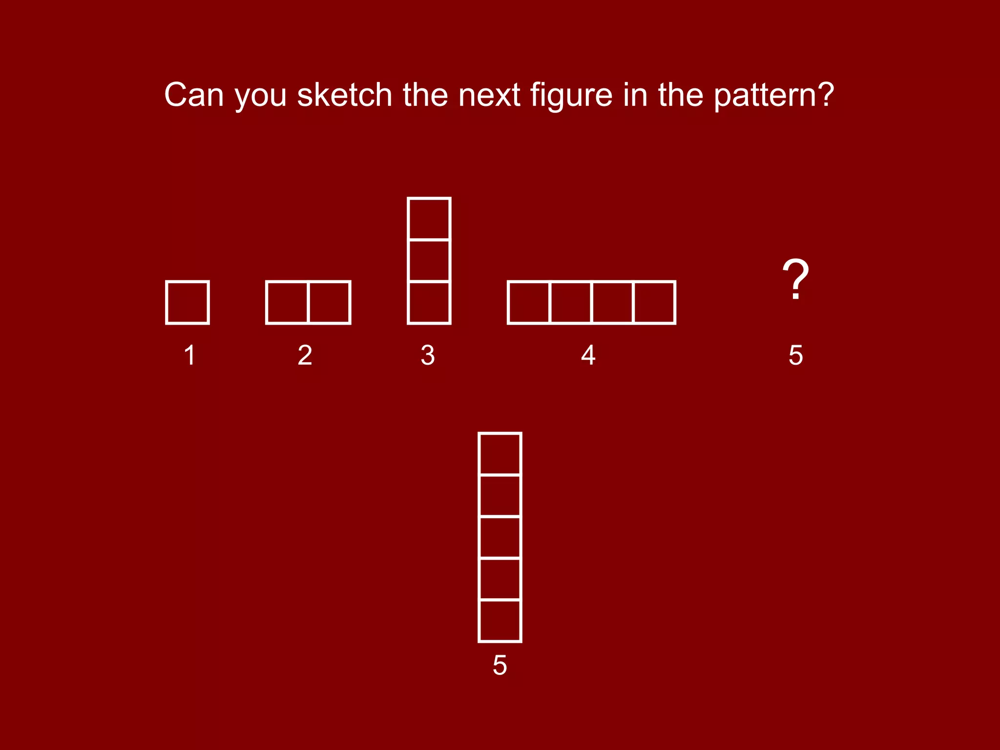 Can you sketch the next figure in the pattern?
?
1 2 3 4 5
5
 