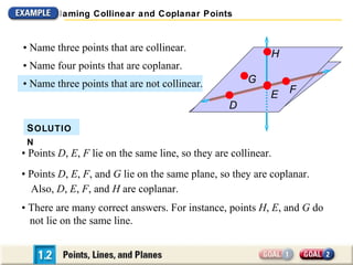 Naming Collinear and Coplanar Points


• Name three points that are collinear.
                                                            H
• Name four points that are coplanar.
• Name three points that are not collinear.            G
                                                            E   F
                                                  D

 S OLUTIO
 N
• Points D, E, F lie on the same line, so they are collinear.
• Points D, E, F, and G lie on the same plane, so they are coplanar.
  Also, D, E, F, and H are coplanar.
• There are many correct answers. For instance, points H, E, and G do
  not lie on the same line.
 