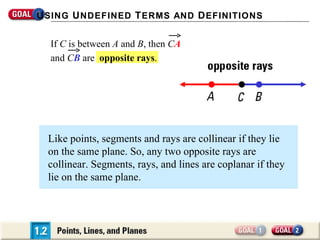U SING U NDEFINED T ERMS AND D EFINITIONS

  If C is between A and B, then CA
  and CB are opposite rays.




  Like points, segments and rays are collinear if they lie
  on the same plane. So, any two opposite rays are
  collinear. Segments, rays, and lines are coplanar if they
  lie on the same plane.
 