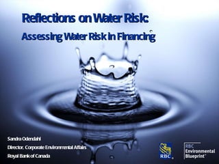 Sandra Odendahl Director, Corporate Environmental Affairs Royal Bank of Canada Reflections on Water Risk: Assessing Water Risk in Financing 