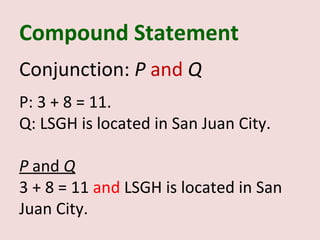 Compound Statement
Conjunction: P and Q
P: 3 + 8 = 11.
Q: LSGH is located in San Juan City.

P and Q
3 + 8 = 11 and LSGH is located in San
Juan City.
 
