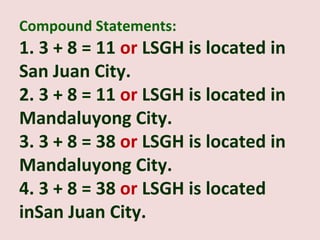 Compound Statements:
1. 3 + 8 = 11 or LSGH is located in
San Juan City.
2. 3 + 8 = 11 or LSGH is located in
Mandaluyong City.
3. 3 + 8 = 38 or LSGH is located in
Mandaluyong City.
4. 3 + 8 = 38 or LSGH is located
inSan Juan City.
 