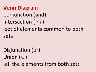 Venn Diagram
Conjunction (and)
Intersection ( ∩ )
-set of elements common to both
sets

Disjunction (or)
Union (∪)
-all the elements from both sets
 