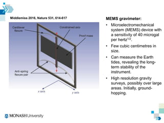 Middlemiss 2016, Nature 531, 614-617 MEMS gravimeter:
• Microelectromechanical
system (MEMS) device with
a sensitivity of 40 microgal
per hertz1/2.
• Few cubic centimetres in
size.
• Can measure the Earth
tides, revealing the long-
term stability of the
instrument.
• High resolution gravity
surveys, possibly over large
areas. Initially, ground-
hopping.
 