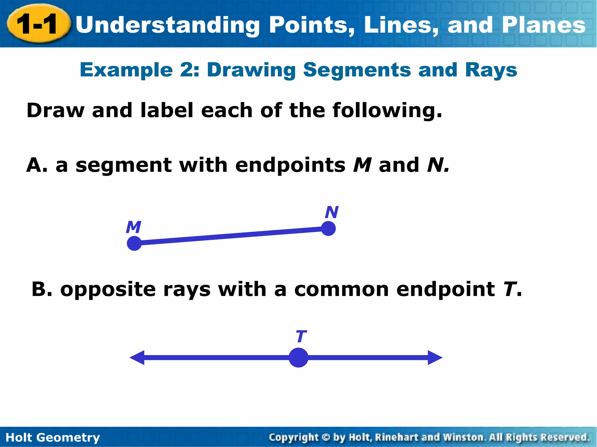 Holt Geometry
1-1 Understanding Points, Lines, and Planes
Example 2: Drawing Segments and Rays
Draw and label each of the following.
A. a segment with endpoints M and N.
B. opposite rays with a common endpoint T.
M
N
T
 