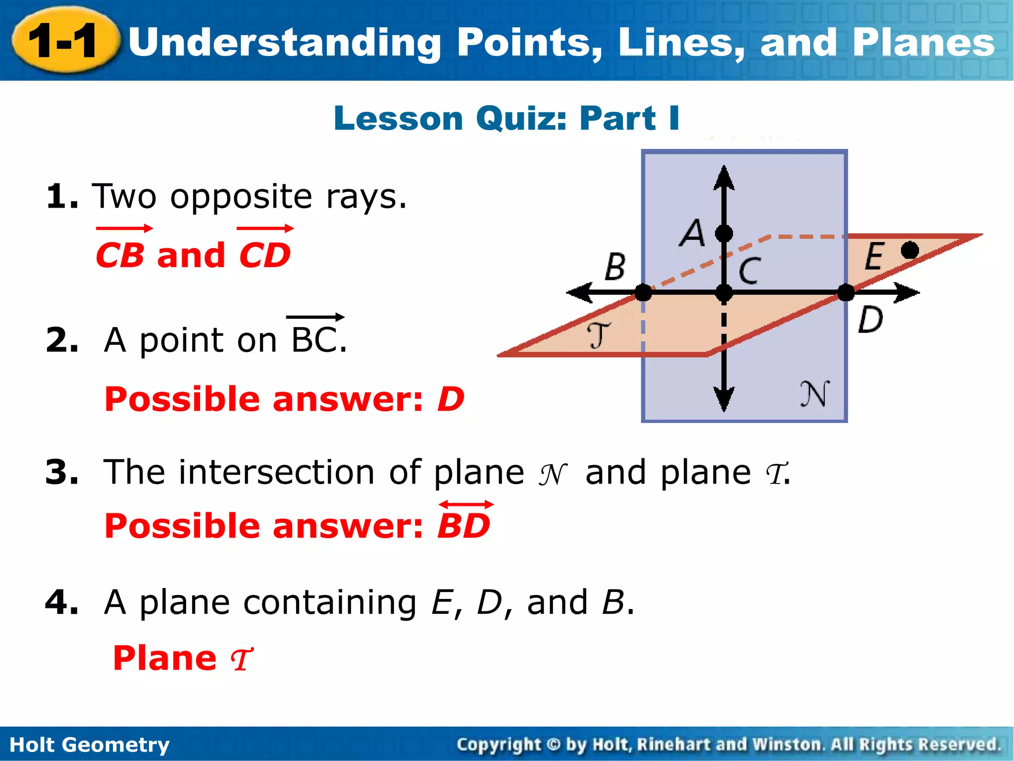 Holt Geometry
1-1 Understanding Points, Lines, and Planes
Lesson Quiz: Part I
1. Two opposite rays.
3. The intersection of plane N and plane T.
4. A plane containing E, D, and B.
2. A point on BC.
CB and CD
Possible answer: D
Possible answer: BD
Plane T
 