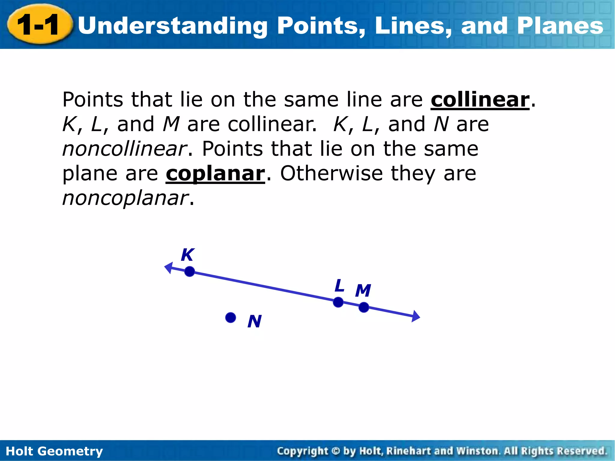 Holt Geometry
1-1 Understanding Points, Lines, and Planes
Points that lie on the same line are collinear.
K, L, and M are collinear. K, L, and N are
noncollinear. Points that lie on the same
plane are coplanar. Otherwise they are
noncoplanar.
M
K
L
N
 