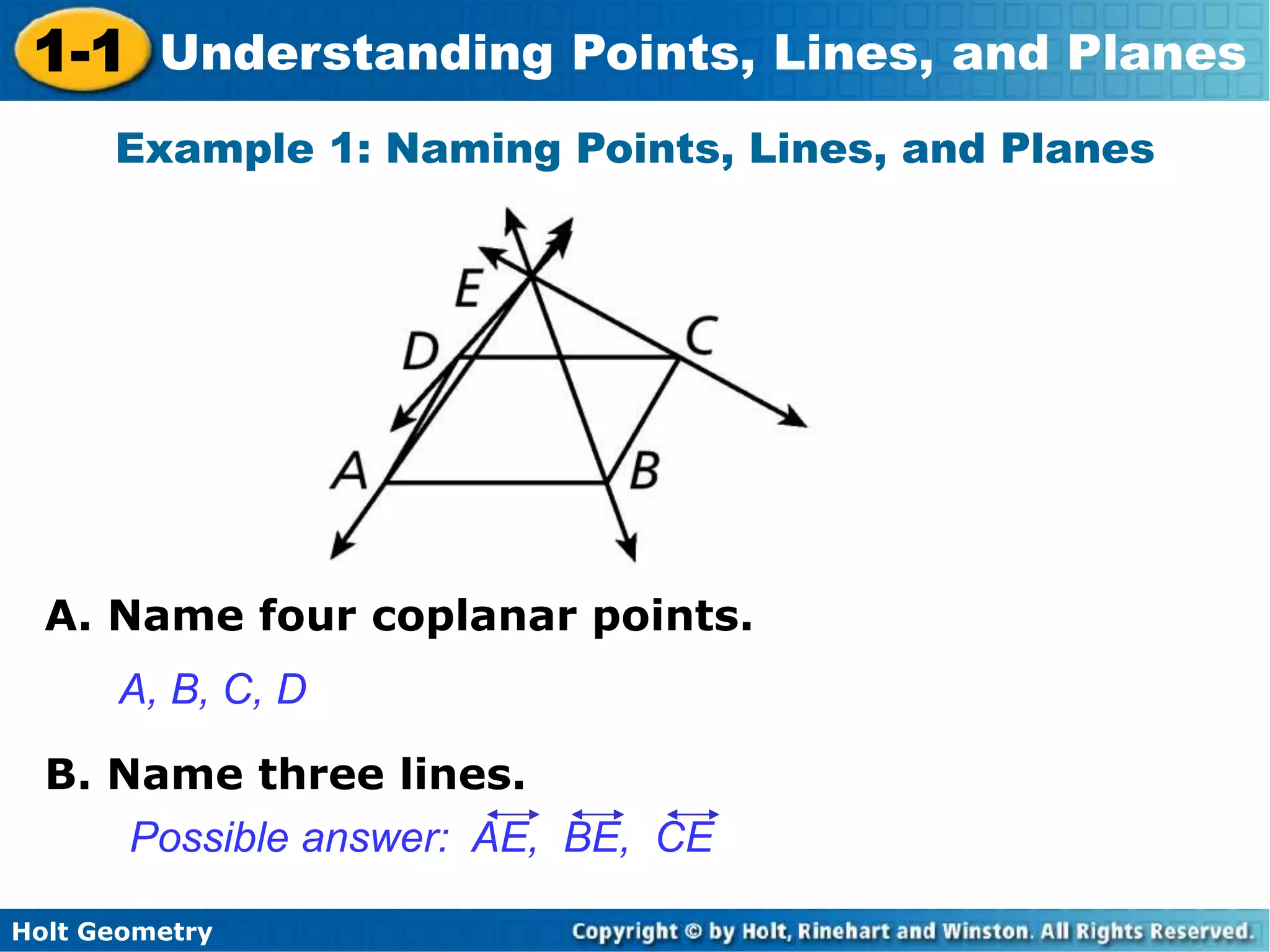 Holt Geometry
1-1 Understanding Points, Lines, and Planes
Example 1: Naming Points, Lines, and Planes
A. Name four coplanar points.
B. Name three lines.
A, B, C, D
Possible answer: AE, BE, CE
 