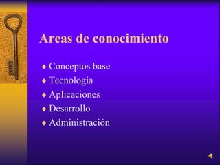 Areas de conocimiento
 Conceptos base
 Tecnología
 Aplicaciones
 Desarrollo
 Administración
 