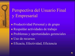 Perspectiva del Usuario Final
y Empresarial
 Productividad Personal y de grupo
 Respaldar actividades de trabajo
 Problemas y oportunidades gerenciales
 Uso de recursos
 Eficacia, Efectividad, Eficiencia
 