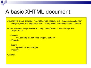 A basic XHTML document: <!DOCTYPE html PUBLIC "-//W3C//DTD XHTML 1.0 Transitional//EN" "http://www.w3.org/TR/xhtml1/DTD/xhtml1-transitional.dtd"> <html xmlns="http://www.w3.org/1999/xhtml" xml:lang="en" lang="en"> <head> <title>My First Web Page</title> </head> <body> <p>Hello World</p> </body> </html> 