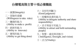 43
台積電高階主管十項必備職能
一、誠實(Integrity)
二、冒險的意願
(Willingness to take risks)
三、賺錢的能力
(Ability to make a profit)
四、創新的能力
(Ability to innovate)
五、實現的能力
(Ability to get thing done)
六、良好的判斷力
(Good judgment)
七、授權與負責的能力
(Ability to delegate authority and share
responsibility)
八、求才與留才的能力
(Ability to attract and hold outstanding
people)
九、智慧、遠見與洞察力
( Intelligence, foresight, and vision)
十、活力(Vitality)
 