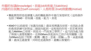 外顯的知識(knowledge)、技能(skill)和能力(abilities)
內隱的自我概念(self-concept)、人格特質 (trait)與動機(motive)
• 職能模型即是從績優人員的職能條件中進行深度研究（這些條件
包括了KSAO，即知識、技能、能力、其他
• KSAO中以前兩項（知識及技能）最容易辨識及培育，也因此企業
的教育訓練可針對這二個面向起到一定程度的作用，但若牽涉到
能力Abilities之培育，則是另一門高深之學問了，這乃因為能力除
了與個人資質相關外，也與Others其他面向之因子有所關聯；因
為Others包括了特質、動機、觀念、思維、經驗……等，涵蓋面最
廣、最深且最重要，同時也是最無形、最難以察覺的。
 