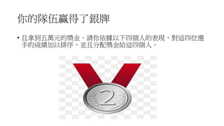 你的隊伍贏得了銀牌
• 且拿到五萬元的獎金。請你依據以下四個人的表現，對這四位選
手的成績加以排序，並且分配獎金給這四個人。
 