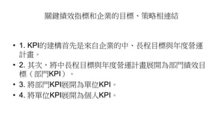 關鍵績效指標和企業的目標、策略相連結
• 1. KPI的建構首先是來自企業的中、長程目標與年度營運
計畫。
• 2. 其次，將中長程目標與年度營運計畫展開為部門績效目
標（部門KPI）。
• 3. 將部門KPI展開為單位KPI。
• 4. 將單位KPI展開為個人KPI。
 