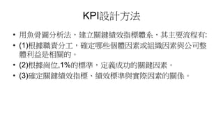 KPI設計方法
• 用魚骨圖分析法，建立關鍵績效指標體系，其主要流程有:
• (1)根據職責分工，確定哪些個體因素或組織因素與公司整
體利益是相關的。
• (2)根據崗位,1%的標準，定義成功的關鍵因素。
• (3)確定關鍵績效指標、績效標準與實際因素的關係。
 