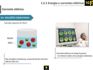 1.2.1 Energia e correntes elétricas
Corrente elétrica
Em SOLUÇÕES CONDUTORAS
Nas soluções condutoras, as partículas da corrente
elétrica são iões.
Cℓ−
Cℓ−
Cℓ−
𝐍𝐚+
𝐍𝐚+
𝐍𝐚+
Solução aquosa de NaCl:
IÕES
ÁGUA
Corrente elétrica no corpo humano:
- no interior existe uma solução condutora.
 