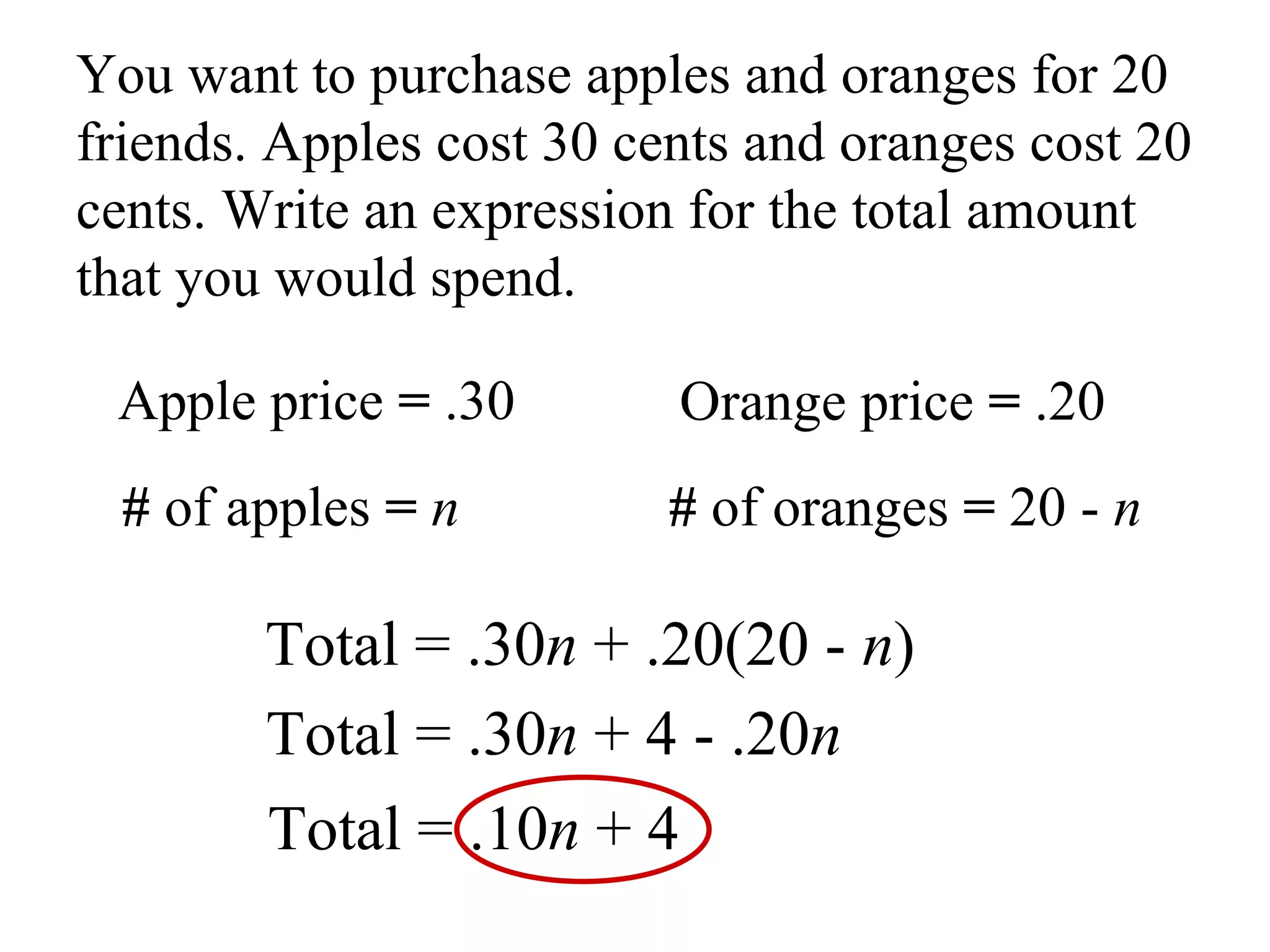You want to purchase apples and oranges for 20 friends. Apples cost 30 cents and oranges cost 20 cents. Write an expression for the total amount that you would spend. Apple price = .30 # of apples = n Orange price = .20 # of oranges = 20 - n Total = .30 n + .20(20 - n ) Total = .30 n + 4 - .20 n Total = .10 n + 4