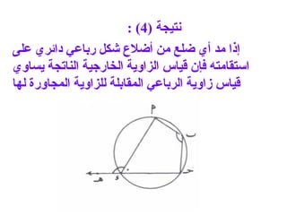 نتيجة  (4) :  إذا مد أي ضلع من أضلاع شكل رباعي دائري على استقامته فإن قياس الزاوية الخارجية الناتجة يساوي قياس زاوية الرباعي المقابلة للزاوية المجاورة لها 