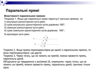 Паралельні прямі <ul><li>Властивості паралельних прямих Теорема 1. Якщо дві паралельні прямі перетнуті третьою прямою, то:...